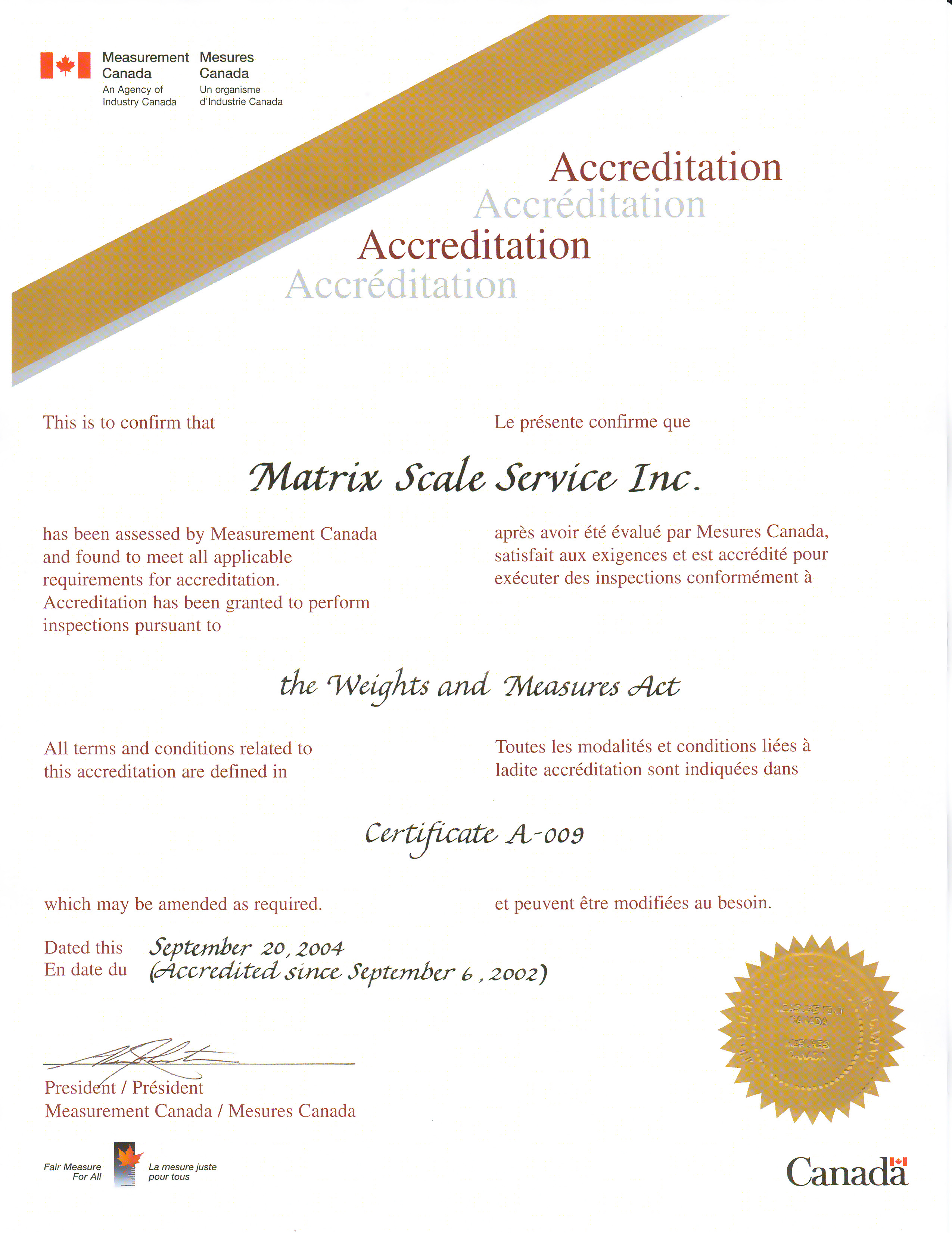 Measurement Canada Accreditation Certificate